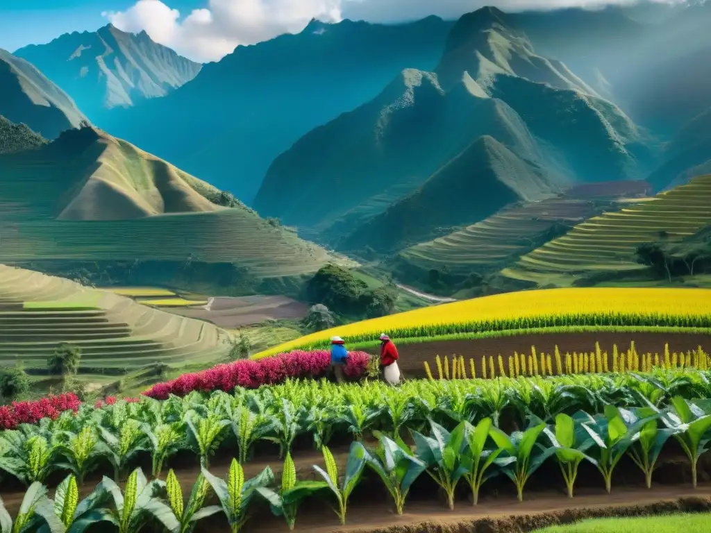 Imagen impresionante de agricultura sostenible en Perú, con diversidad de cultivos y gran armonía con la naturaleza en los Andes