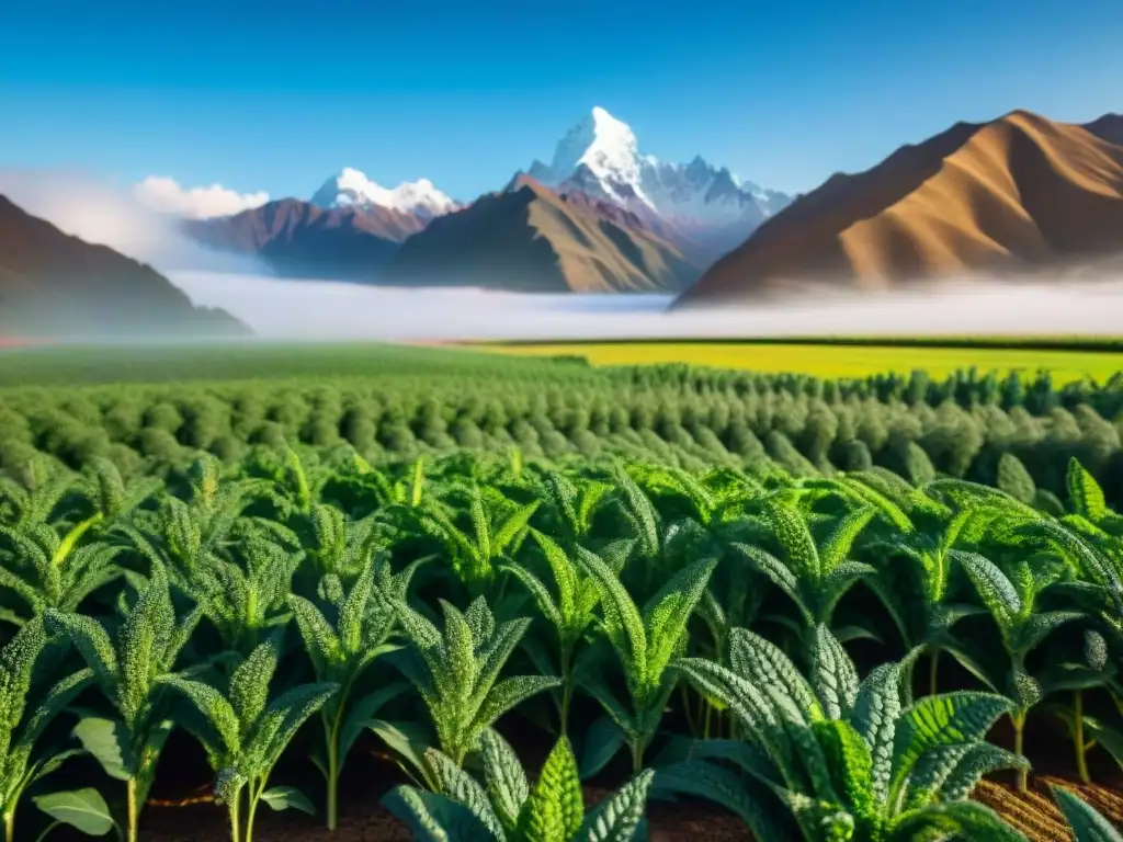 Imagen impresionante de un campo de quinua en Perú, con agricultura sostenible y majestuosas montañas andinas al fondo