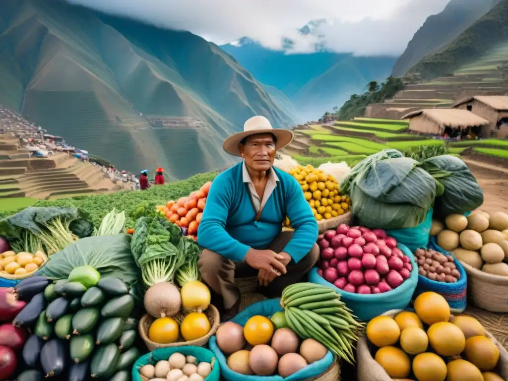 Imagen de mercado peruano con diversidad alimenticia única, reflejando la importancia de la dieta peruana