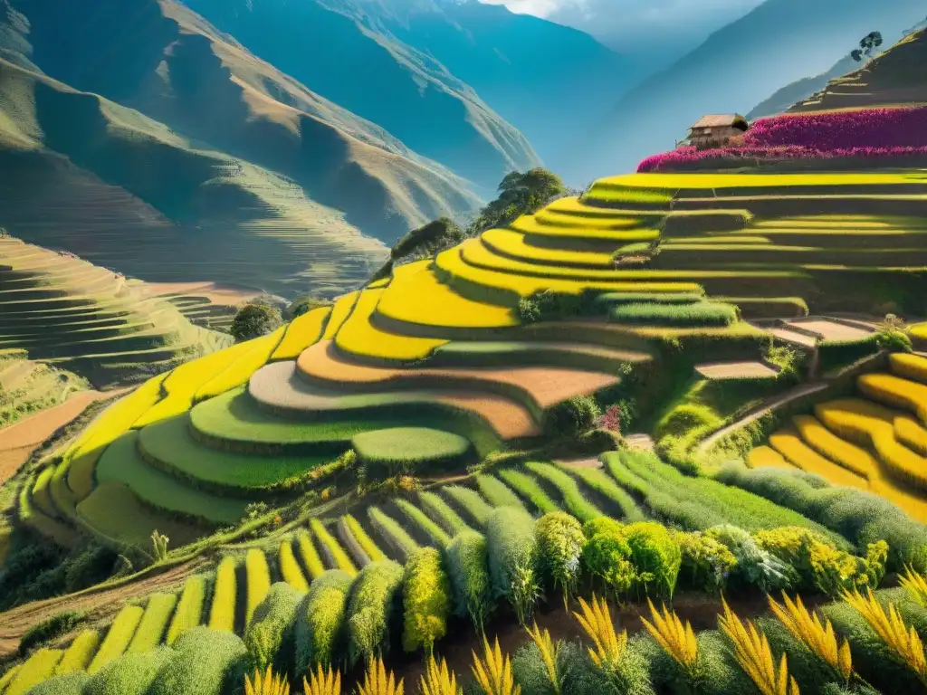 Imagen de montañas terrazadas en los Andes peruanos, con cultivo de quinua y amaranto