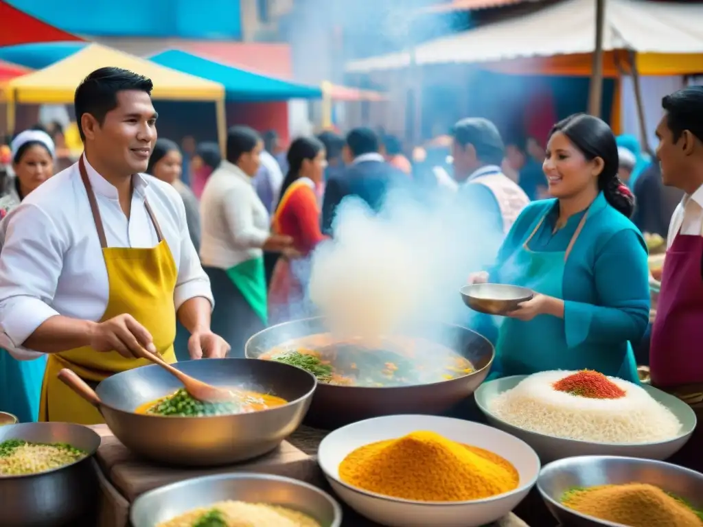 Una imagen vibrante de un festival de comida peruana con puestos coloridos y una demostración de sopa peruana tradicional autóctona