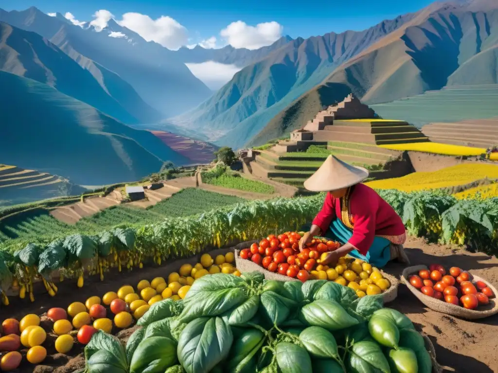 Impactante escena de agricultores peruanos en terrazas cultivando tomates andinos, resaltando la importancia del tomate andino en Perú