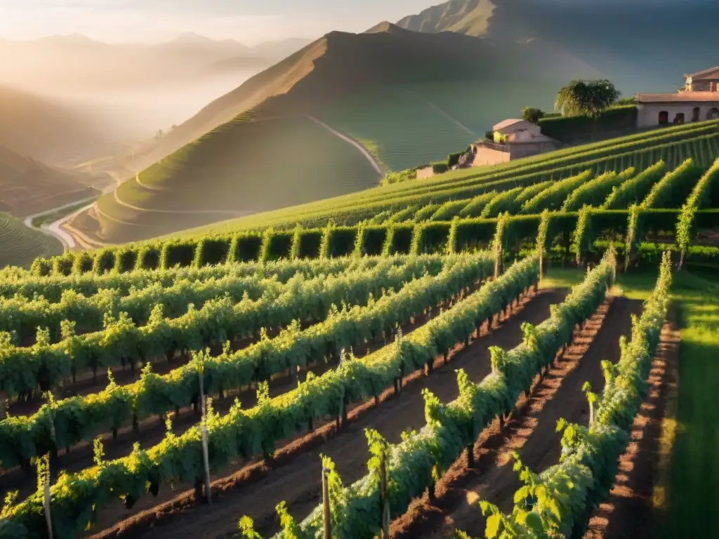 Impacto ambiental en la producción de pisco en Perú: Atardecer sobre viñedos y destilería de adobe, trabajadores cuidando las uvas