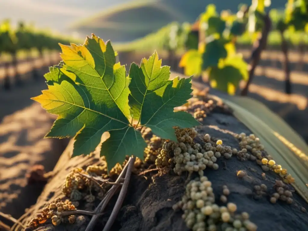 Impacto del cambio climático en el pisco peruano: Detalle de una vid marchita en viñedo peruano, reflejando la sequía y el calor extremo