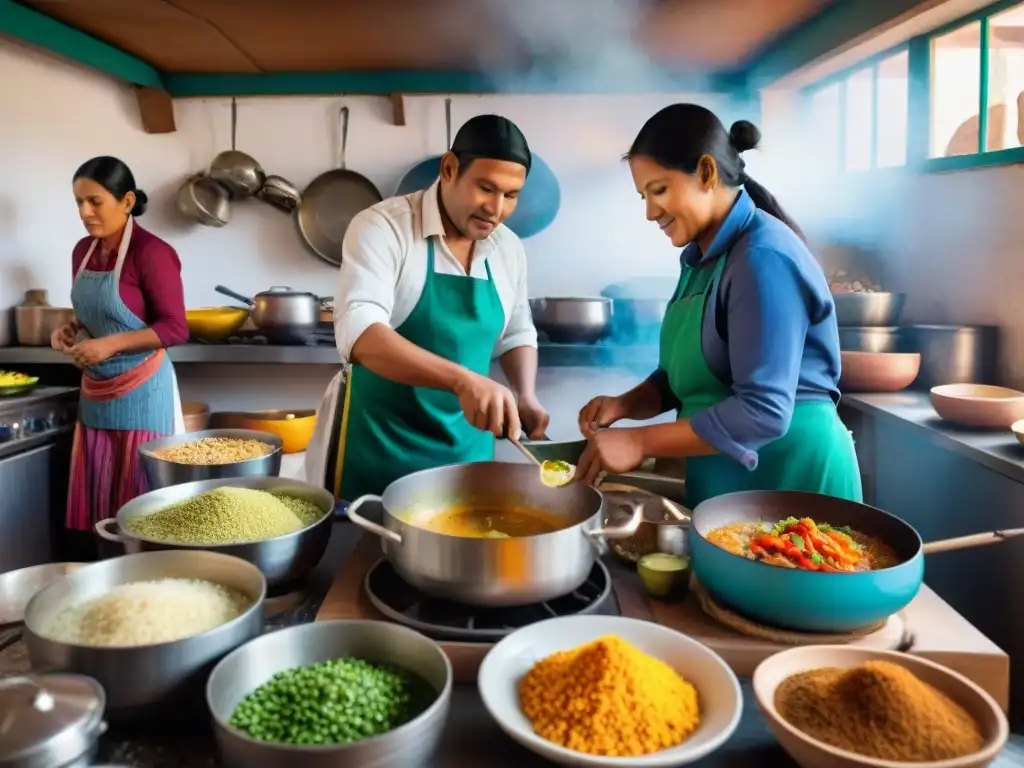 Impacto de la cocina peruana en migrantes: Cocina bulliciosa con colores vibrantes y colaboración armoniosa entre migrantes y locales