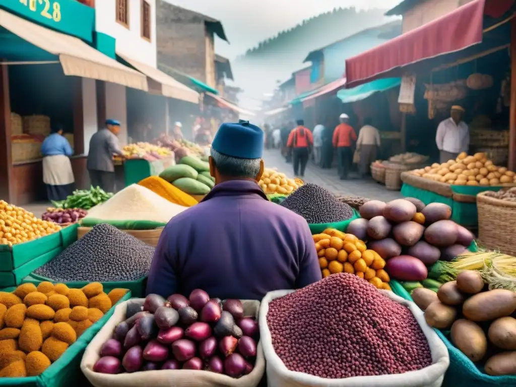 Impacto de la cocina peruana en migrantes: Escena vibrante de mercado peruano con ingredientes nativos y diversidad cultural