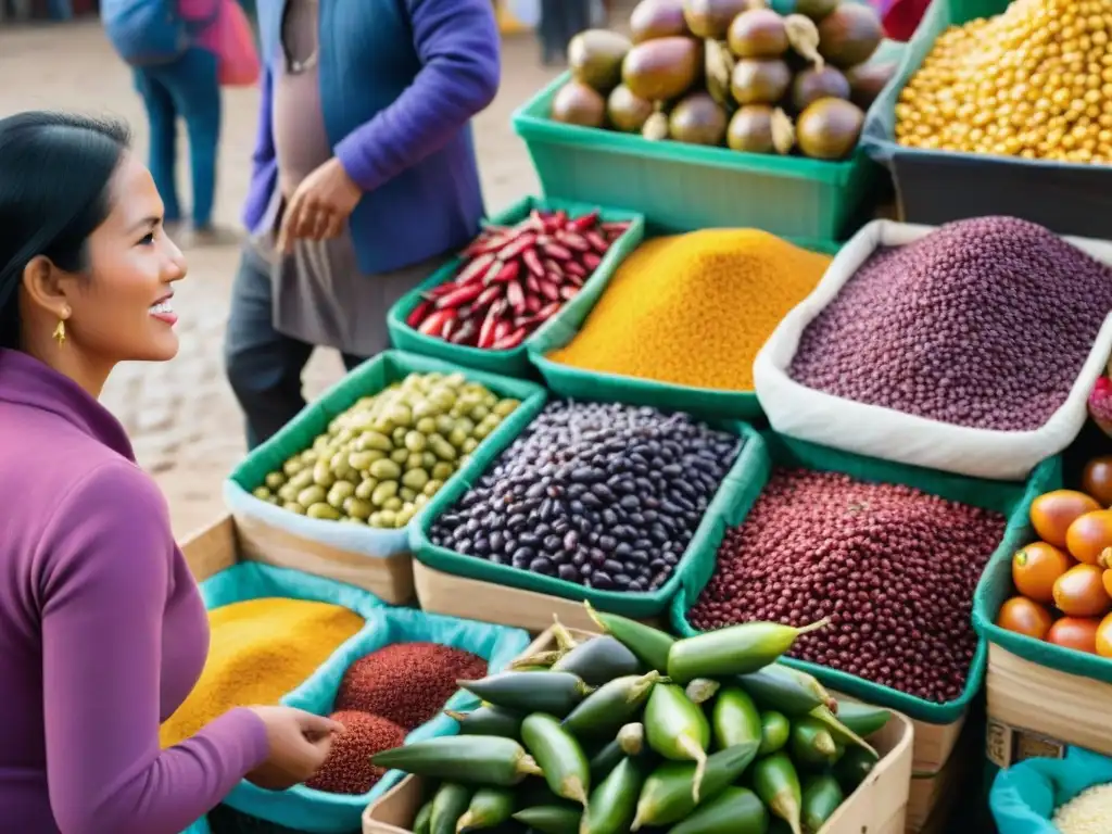 Impacto de la cocina peruana en migrantes: Escena vibrante de un mercado peruano con productos frescos y diversidad cultural