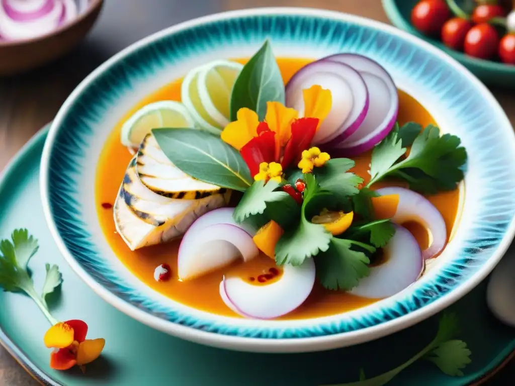 Presentación impecable de un ceviche peruano en un plato de cerámica vibrante, decorado con detalle y colores