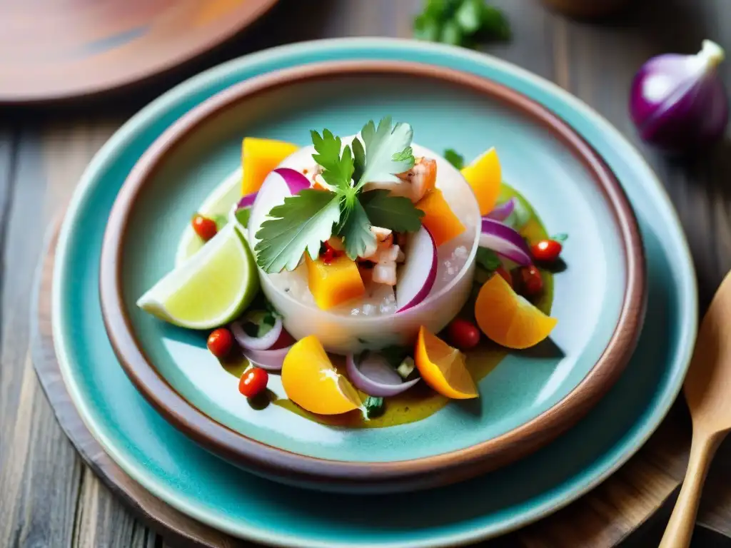 Presentación impecable platos peruanos: ceviche fresco con pescado, limón, chile y cilantro en plato de cerámica sobre mesa de madera