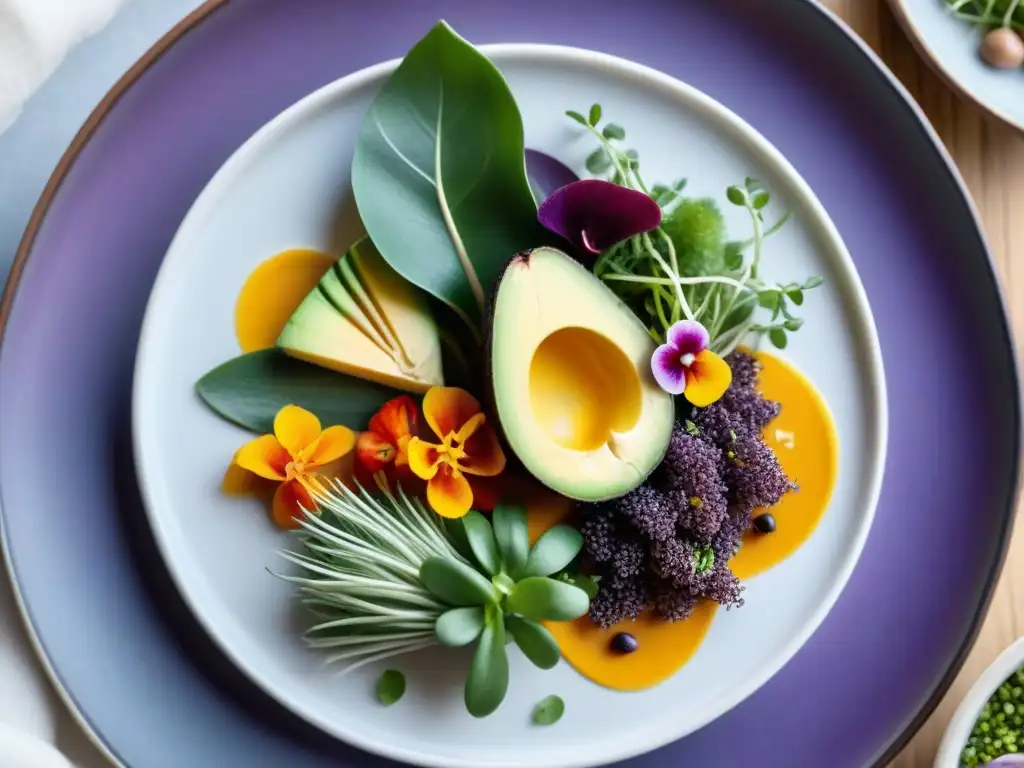 Presentación impecable de platos peruanos: ceviche, maíz morado, ají amarillo y aguacate en plato de cerámica