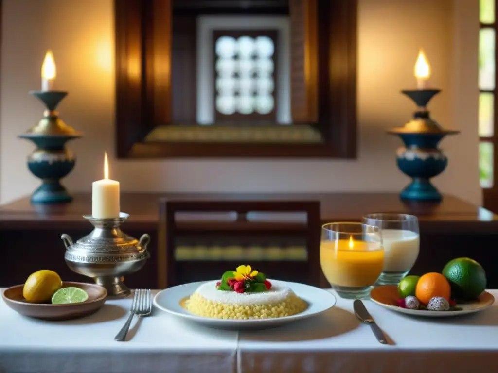 Imponente mesa de comedor en convento peruano, con postres tradicionales y elegante vajilla