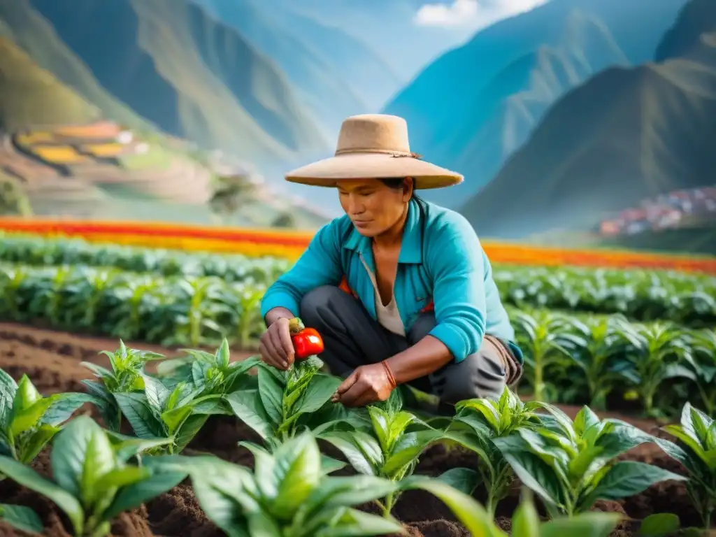 La importancia del ají en Perú: Un agricultor peruano cuida con esmero sus plantas de ají en un campo soleado, con montañas al fondo