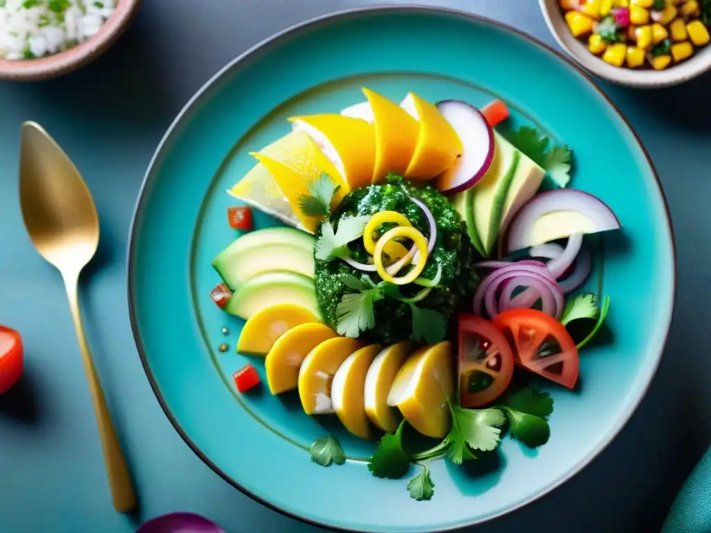 Deléitate con la importancia de los colores en platos peruanos: ceviche vibrante con pescado fresco, maíz, cebolla roja, cilantro y aguacate