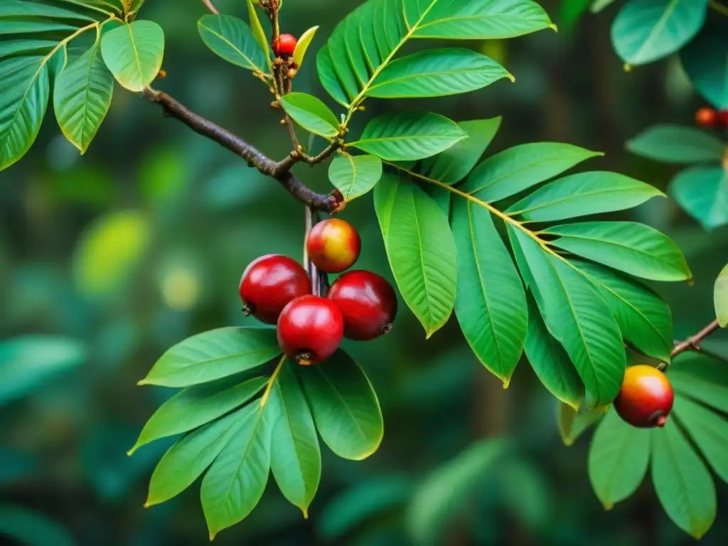 La importancia del camu camu resalta en la exuberante escena de la selva amazónica, con su árbol cargado de frutos rojos y vida silvestre colorida