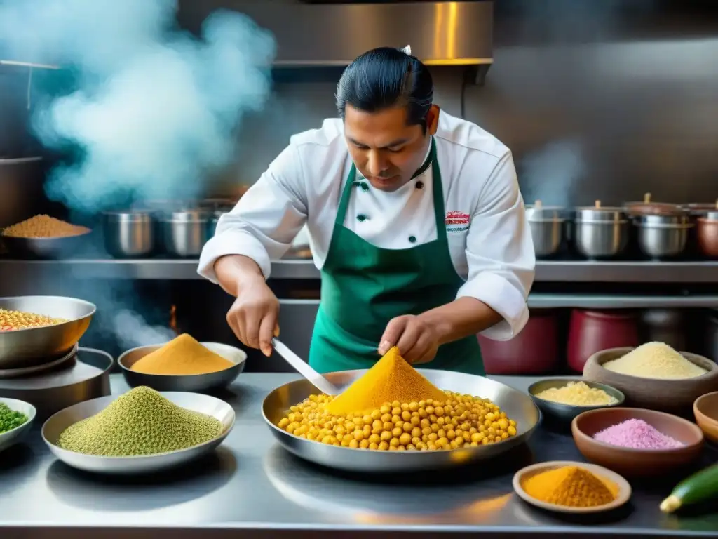 La importancia del maíz en Perú ilustrada por un chef tradicional preparando coloridos platos peruanos en una bulliciosa cocina