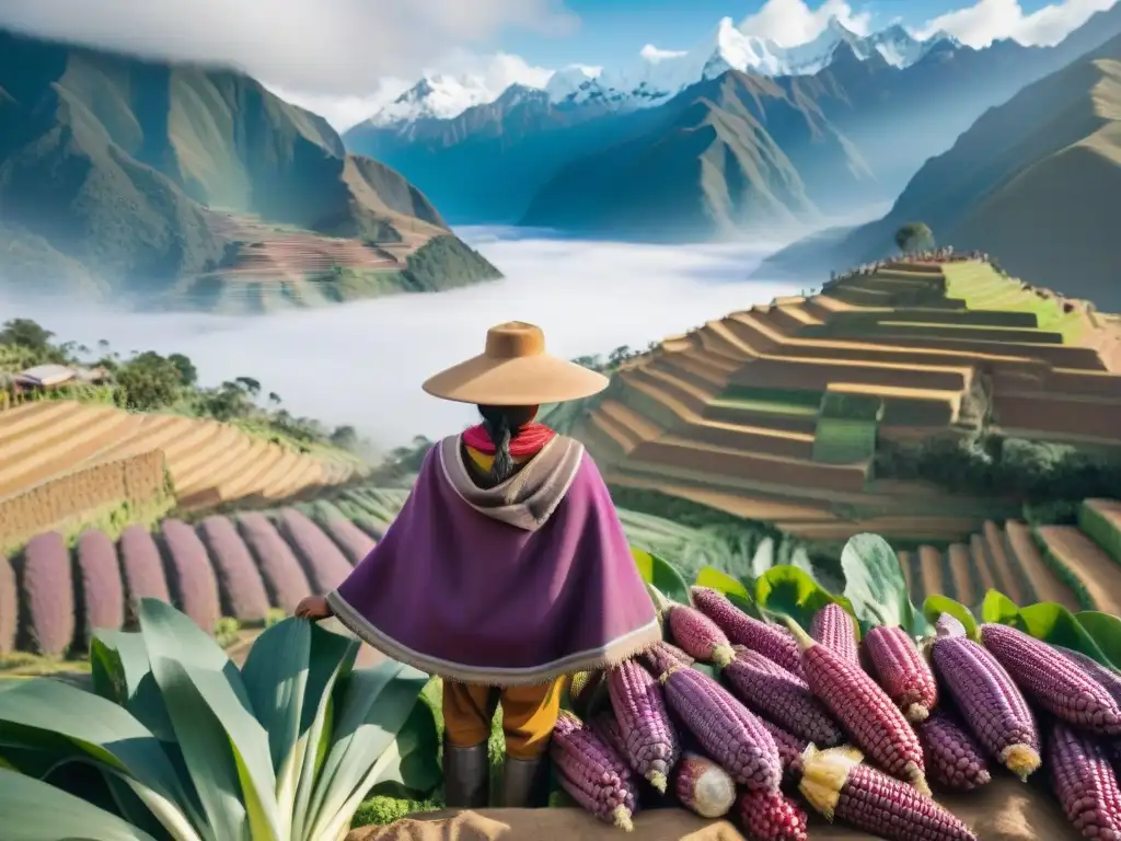 Importancia de los ingredientes autóctonos en la gastronomía peruana: Agricultor cosechando maíz morado en los Andes