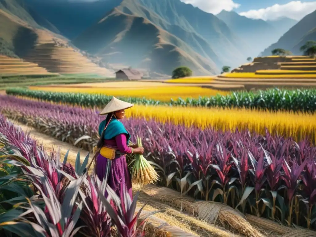 Impresionante campo de maíz morado en Perú, con mujeres Quechua recolectando a mano