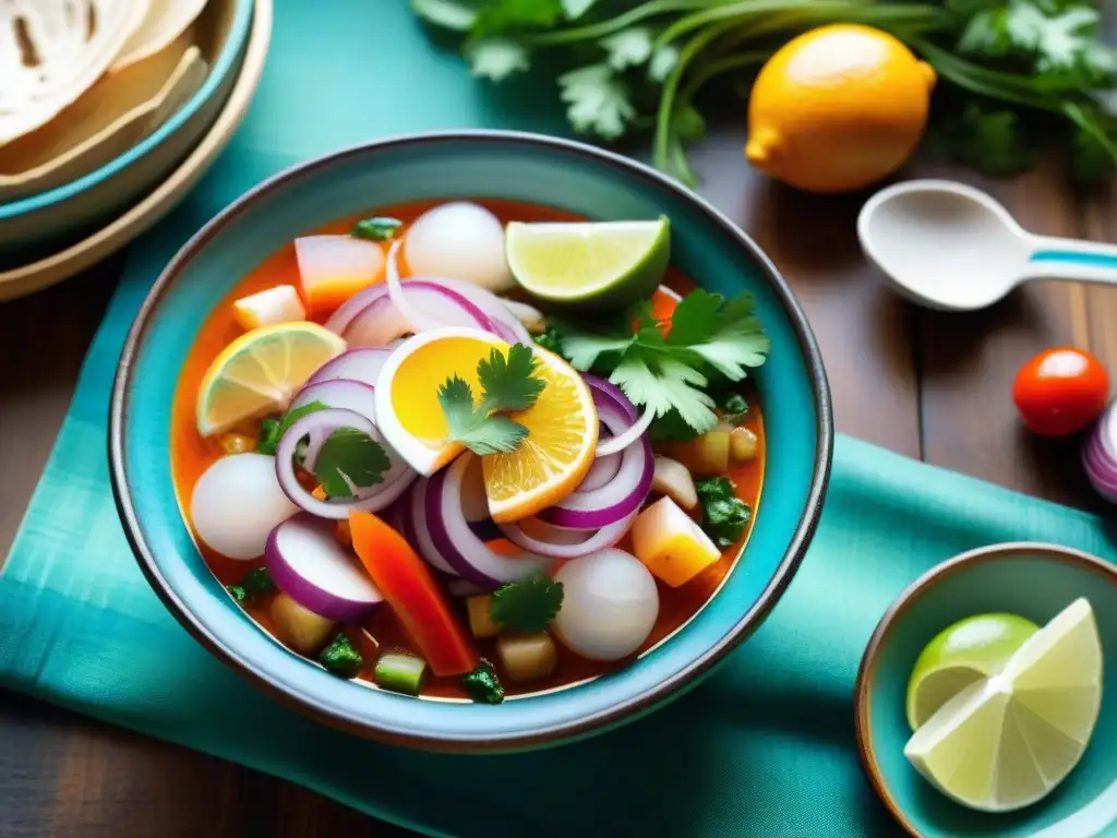 Impresionante ceviche peruano en hermosa presentación y decoración tradicional