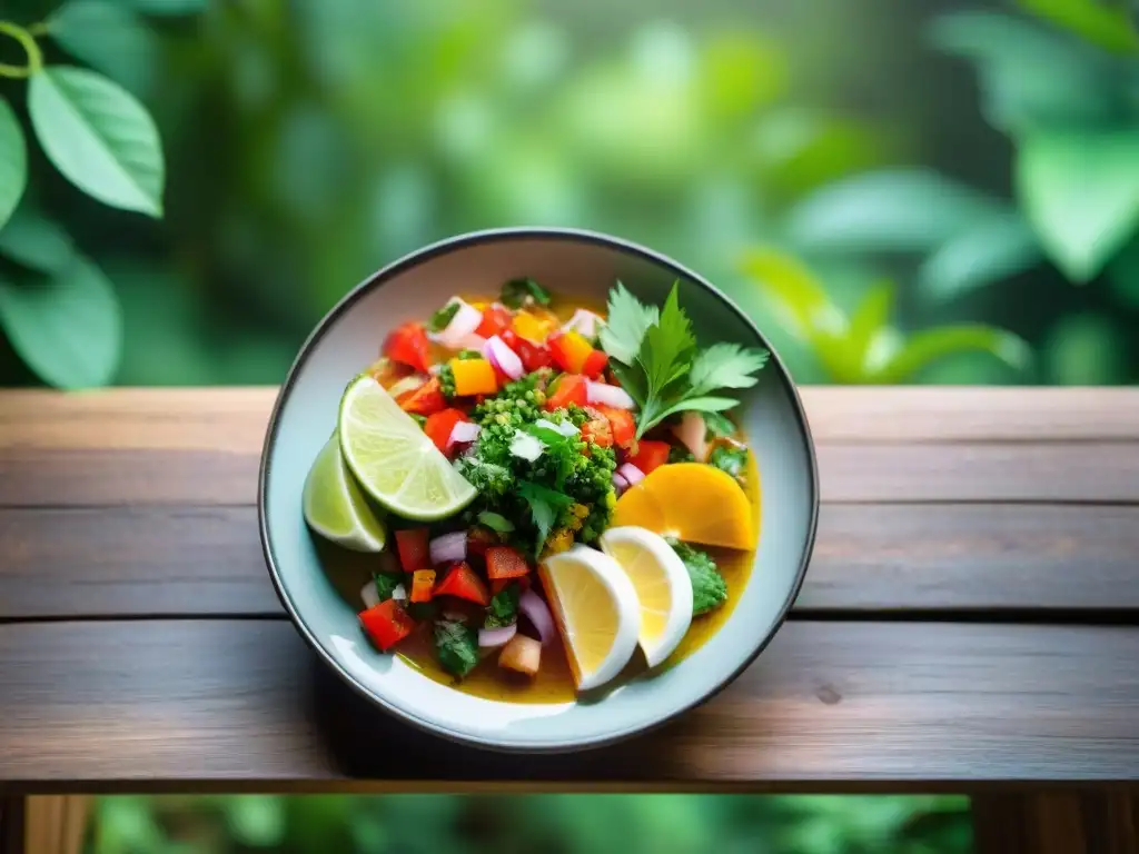 Una impresionante fotografía culinaria de un vibrante ceviche peruano en una mesa rústica rodeada de exuberante vegetación en la selva