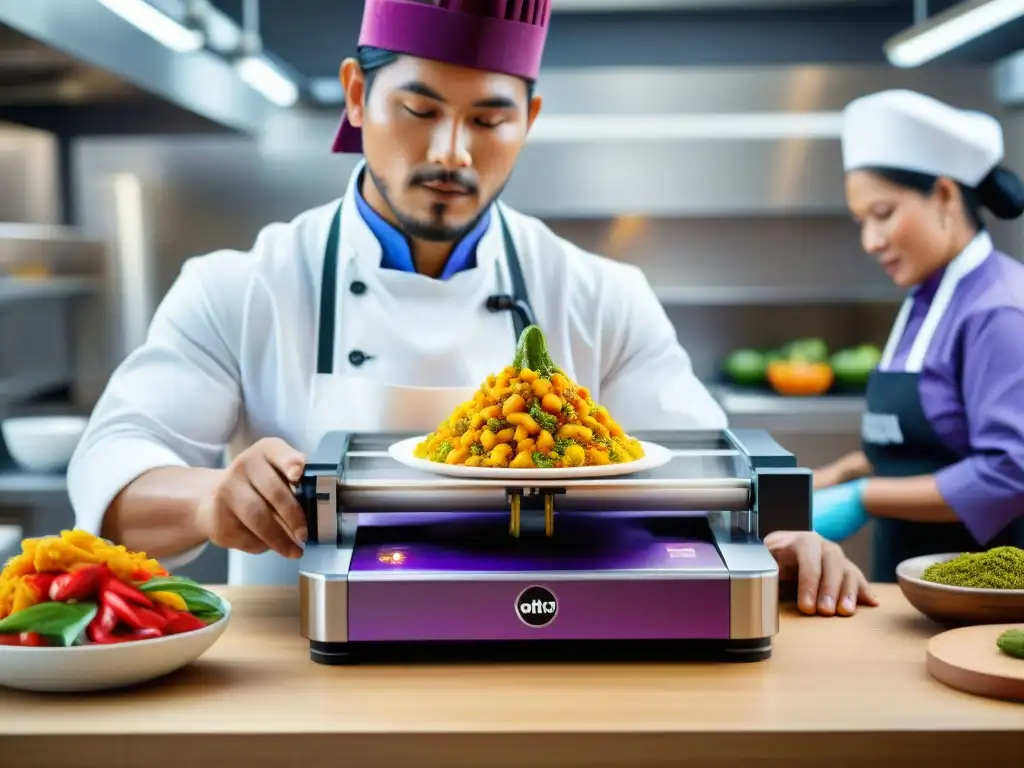 Una impresionante impresión 3D de alimentos en Perú, detallando la creación de un plato tradicional con ingredientes coloridos y chefs observando