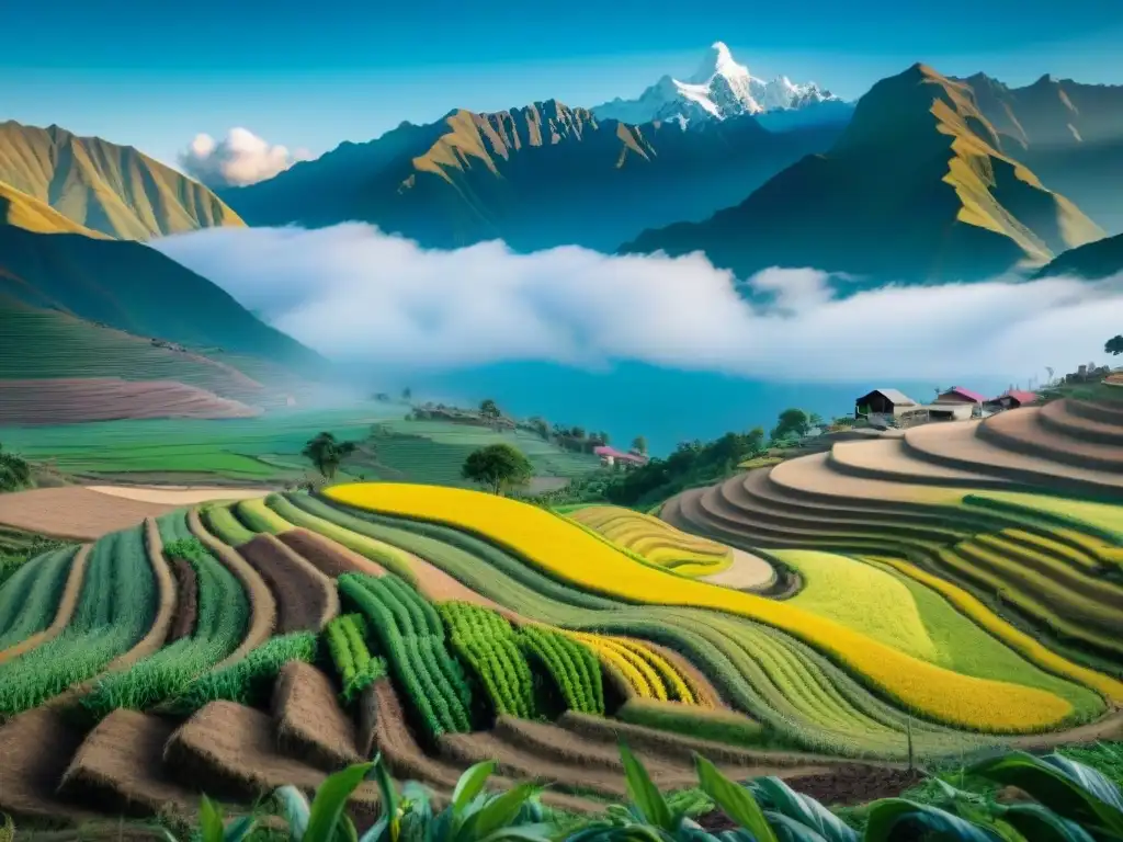 Impresionante paisaje de agricultura sostenible en Perú: terrazas con cultivos de quinua, maíz y papas, junto a los Andes