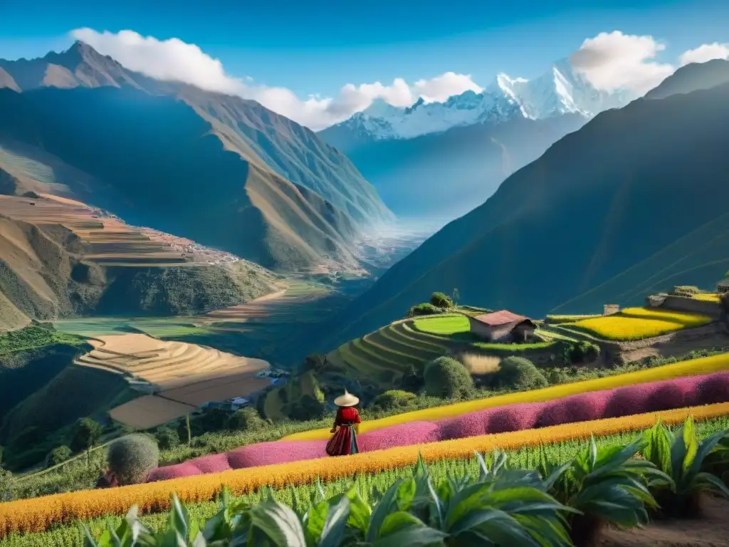 Impresionante paisaje andino con cosecha de quinua y montañas nevadas