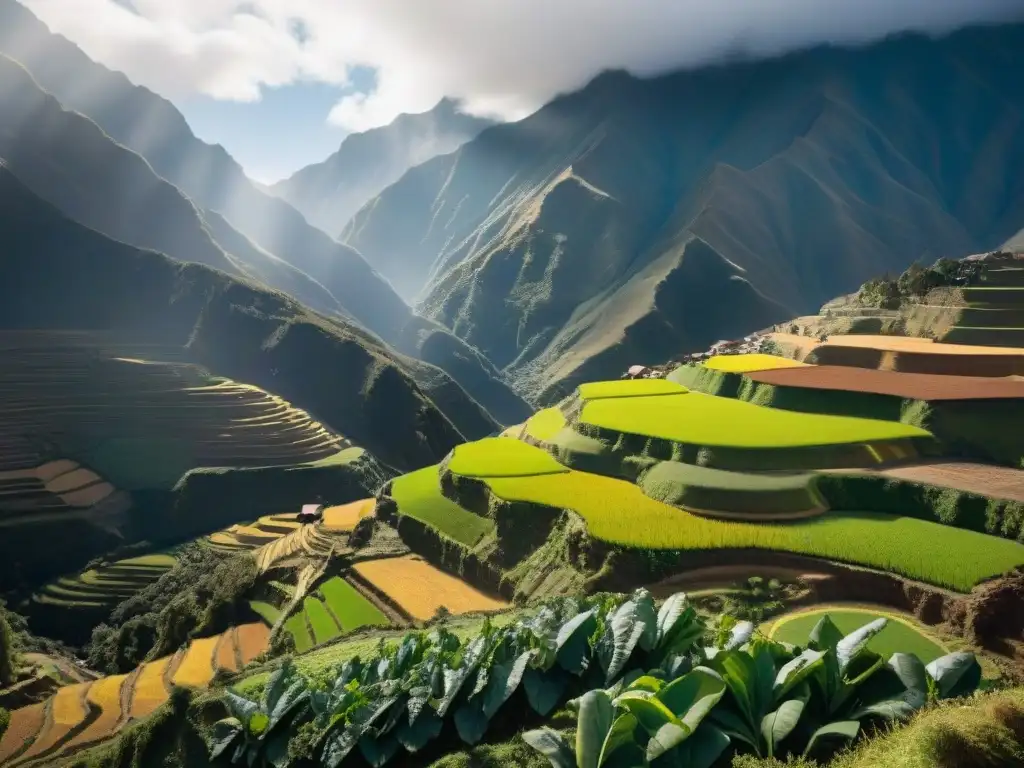 Impresionante paisaje andino con cultivos de maca en crecimiento, destacando los beneficios de la maca andina