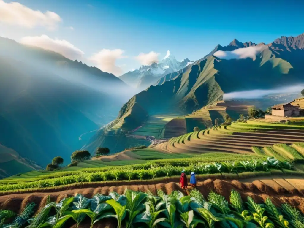 Impresionante paisaje agrícola en Perú: terrazas, agricultores y montañas