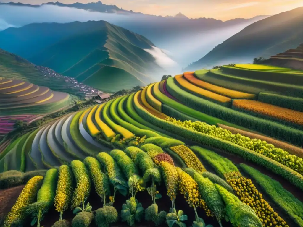 Impresionante vista aérea de campos de quinua en los Andes con agricultores locales y el sol poniente