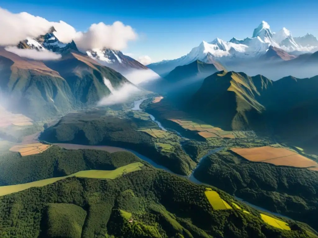 Impresionante vista aérea de la cordillera de los Andes resaltando la preservación de los ecosistemas andinos a través de la gastronomía sostenible