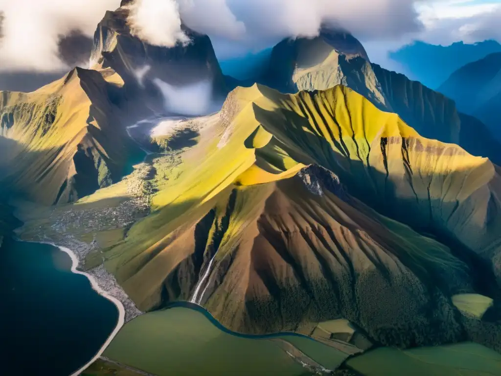 Impresionante vista aérea de la majestuosa cordillera de los Andes en Perú, con sus picos nevados, profundos valles y ríos serpenteantes