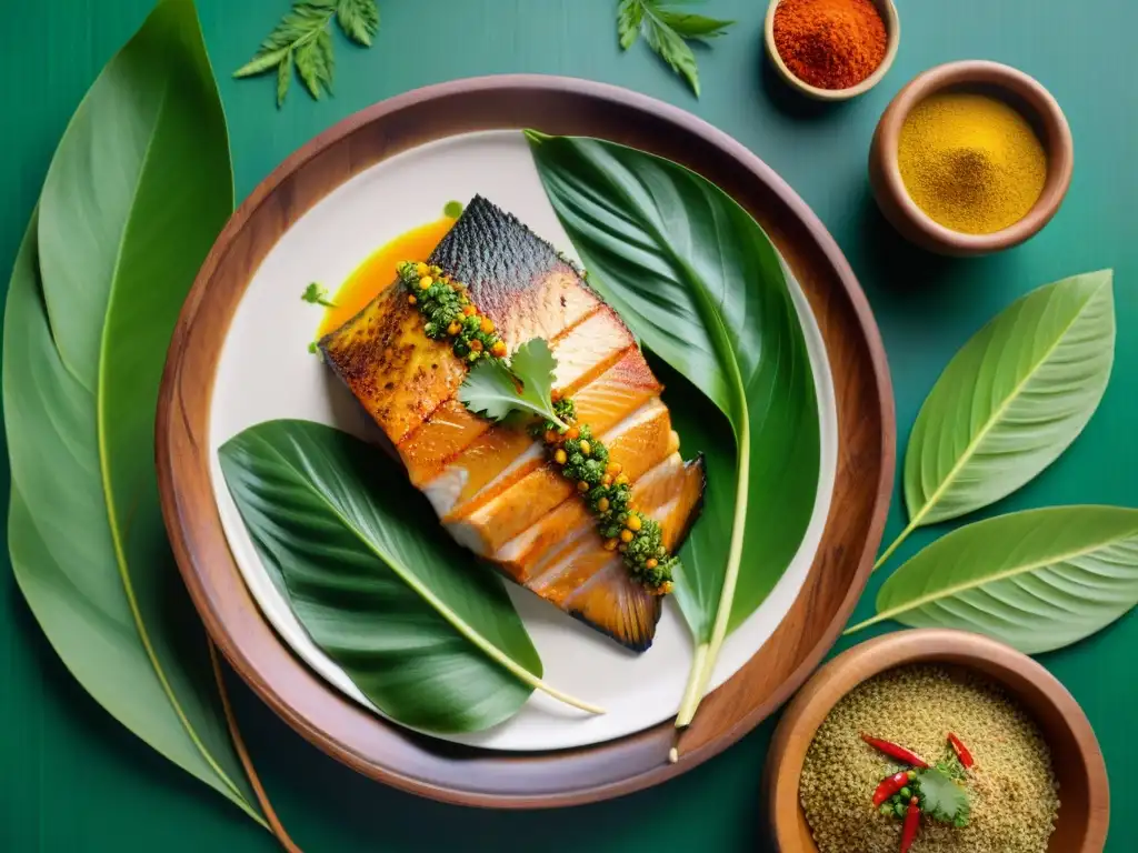 Una impresionante vista detallada de un plato tradicional Ayampaco con pescado, resaltando su presentación y colorido en la selva peruana