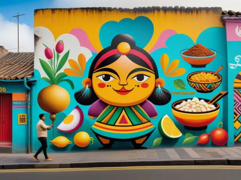 Increíble mural callejero en Lima, Perú, fusionando gastronomía y cultura con ceviche, lomo saltado y causa