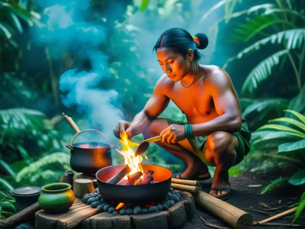 Un indígena amazónico cocina entre la exuberante vegetación con Recetas a leña de la selva