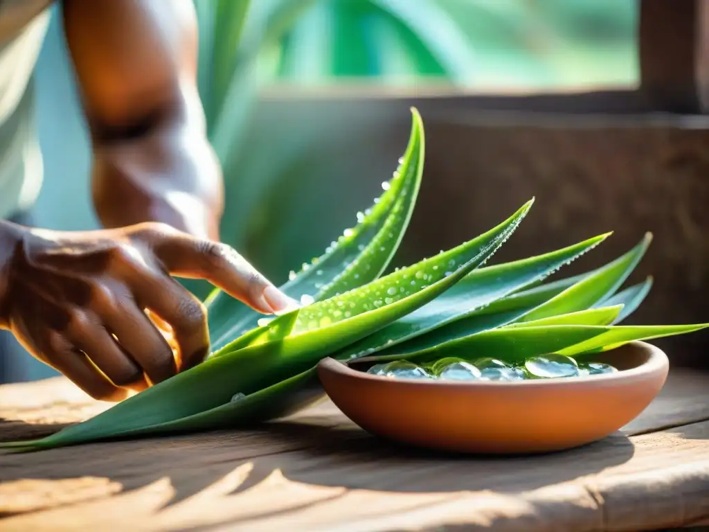 Un indígena en Perú prepara aloe vera, resaltando la tradición