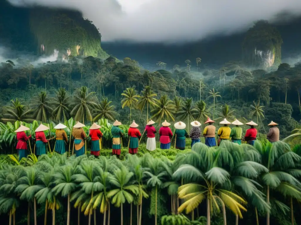 Indígenas en la Amazonía cosechando bayas de açaí, destacando sus trajes tradicionales y la exuberante vegetación