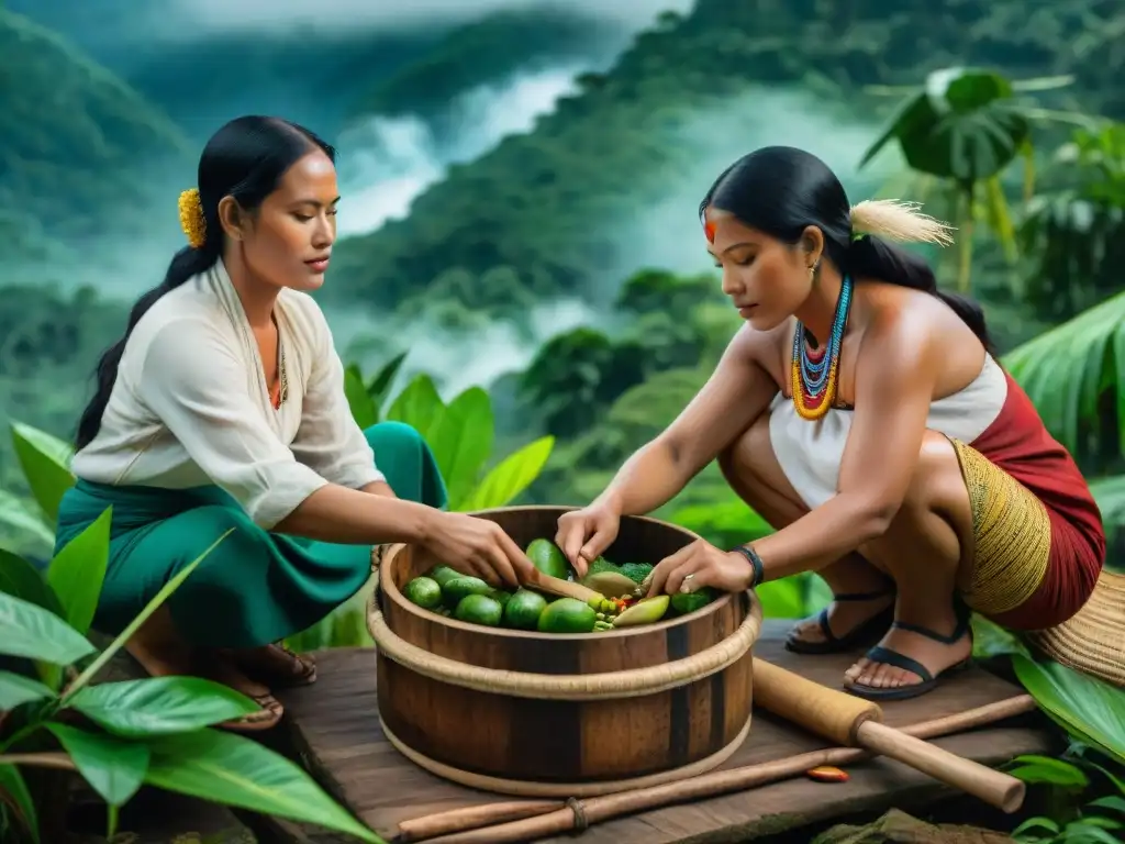 Indígenas amazónicas preparando Chicha de jora en la selva, destacando la receta ancestral