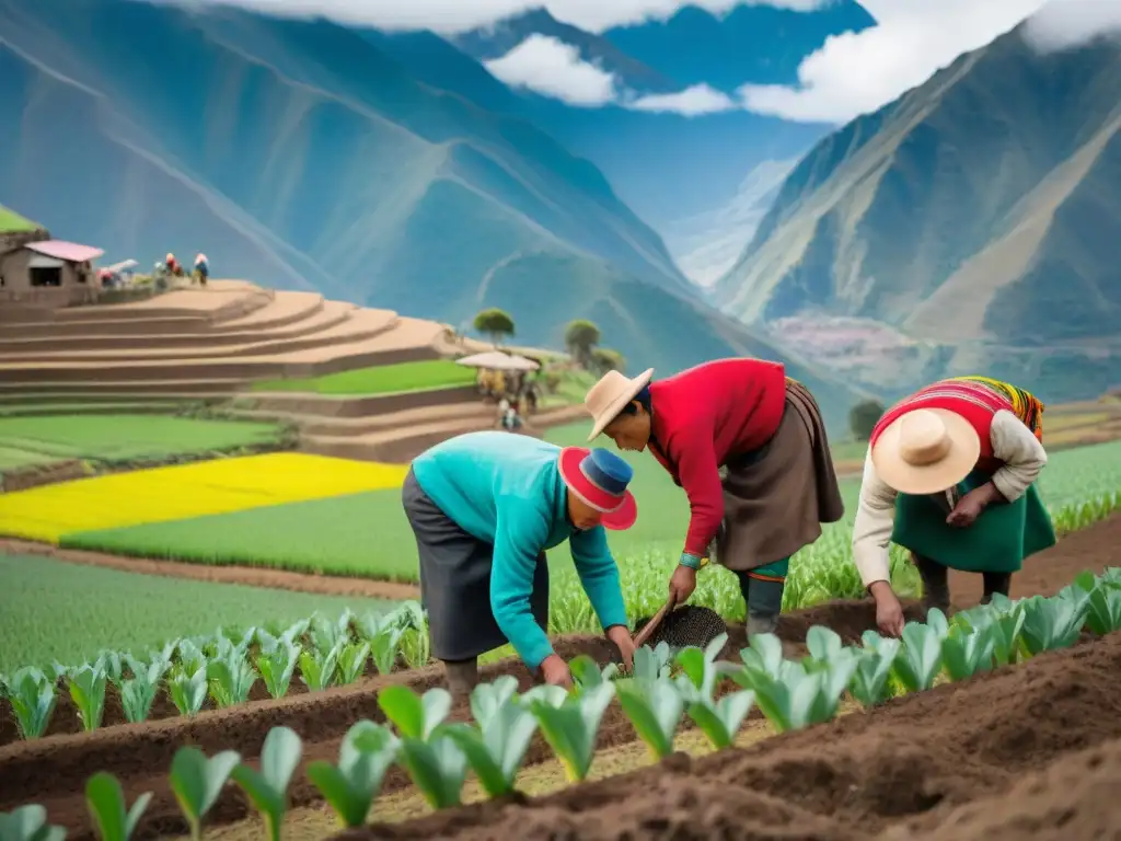 Indígenas andinos plantando tarwi en terrazas, con trajes coloridos y montañas nevadas al fondo