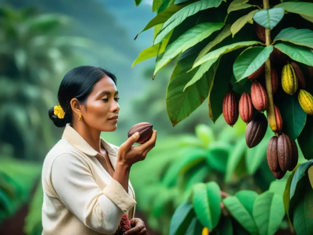 Indígenas cosechando cacao en plantación peruana, mostrando la tradición ancestral