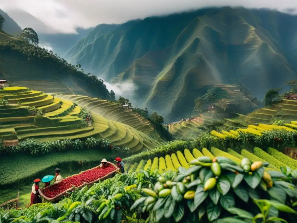 Indígenas cosechando café en plantaciones andinas, reflejando la tradición del Café peruano autóctono