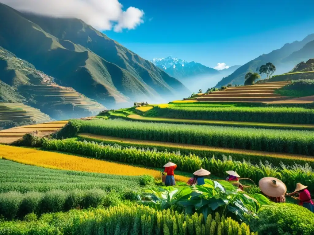 Terrazas de quinua: cosecha tradicional en los Andes Indígenas cosechando quinoa en los Andes, resaltando la Importancia de ingredientes autóctonos peruanos