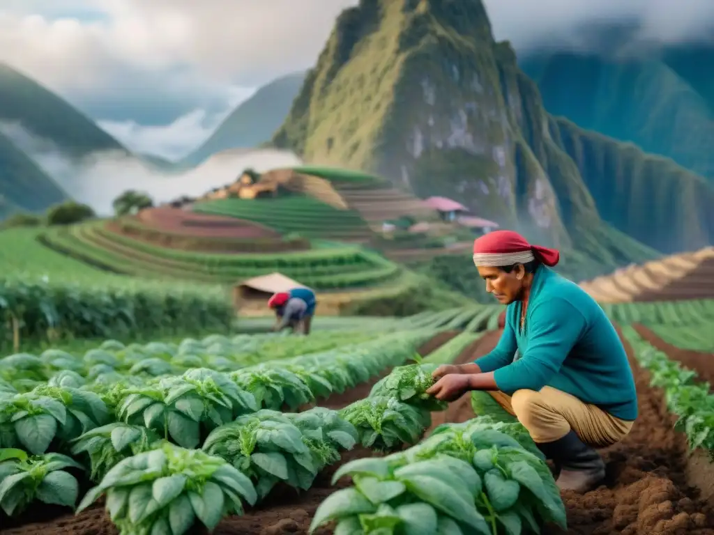 Indígenas cultivando papas en campo biodiverso, mostrando su conexión con la tierra