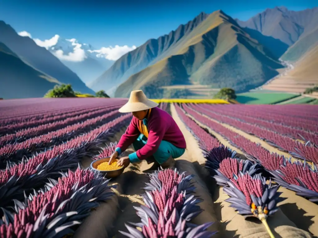 Indígenas peruanos cosechando maíz morado en los Andes