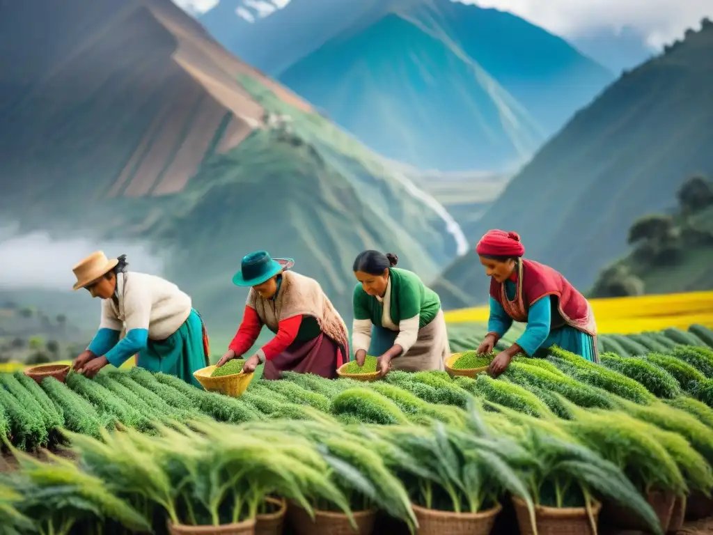 Indígenas cosechan quinua en los Andes, reflejando tradición y sostenibilidad