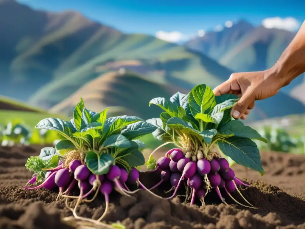 Indígenas cosechan raíces de maca púrpura en los Andes