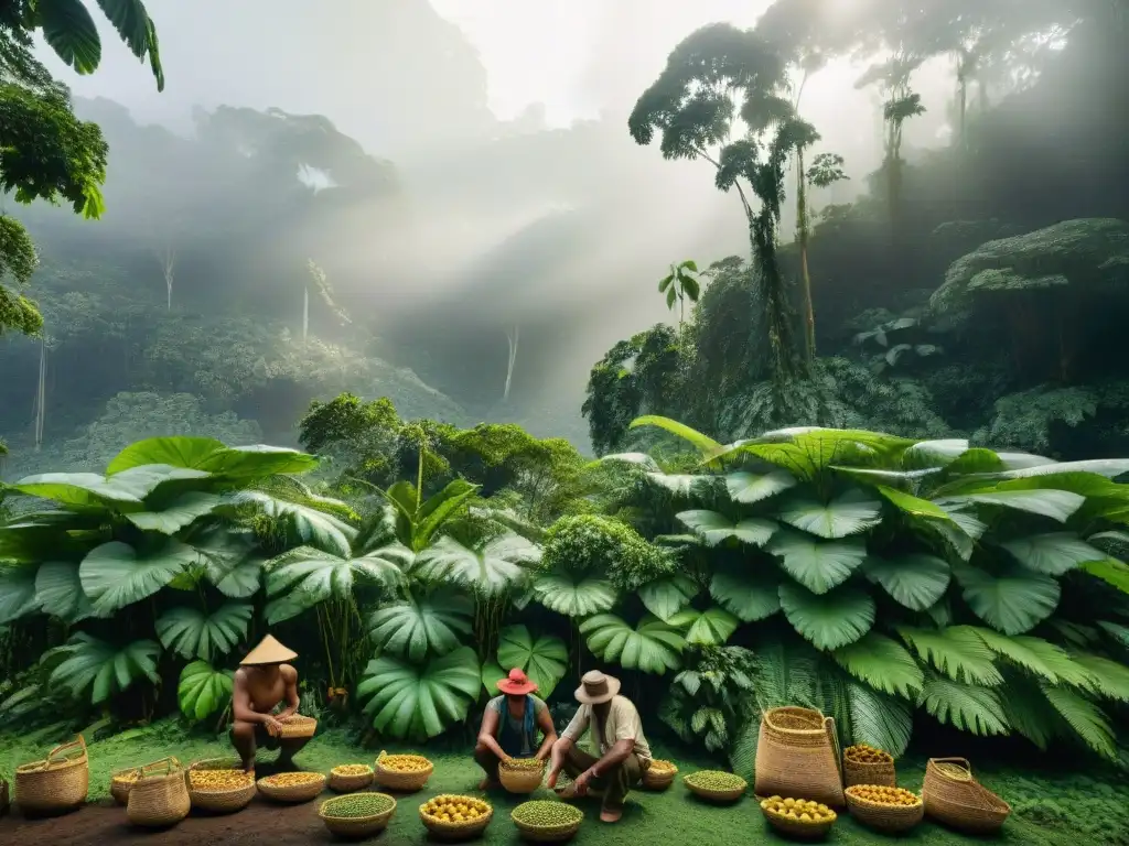 Indígenas recolectando sacha inchi en la selva amazónica, mostrando los Beneficios del sacha inchi