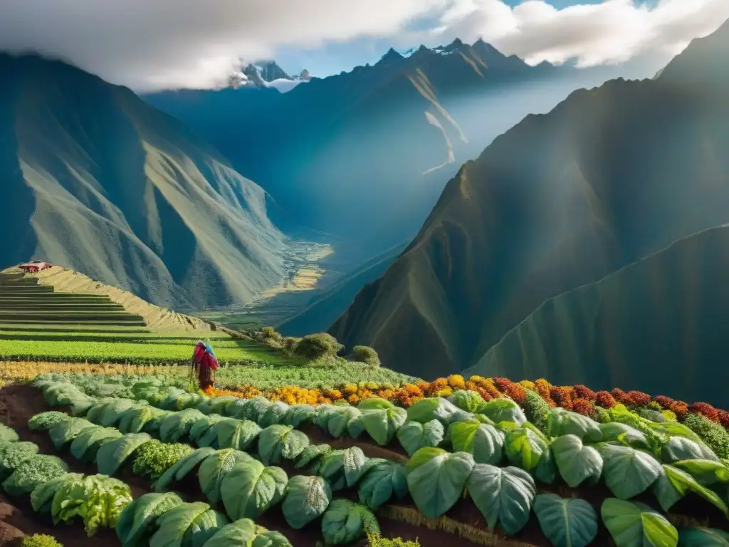 Indígenas cosechando tarwi con paisaje andino de fondo, destacando los beneficios nutricionales del tarwi