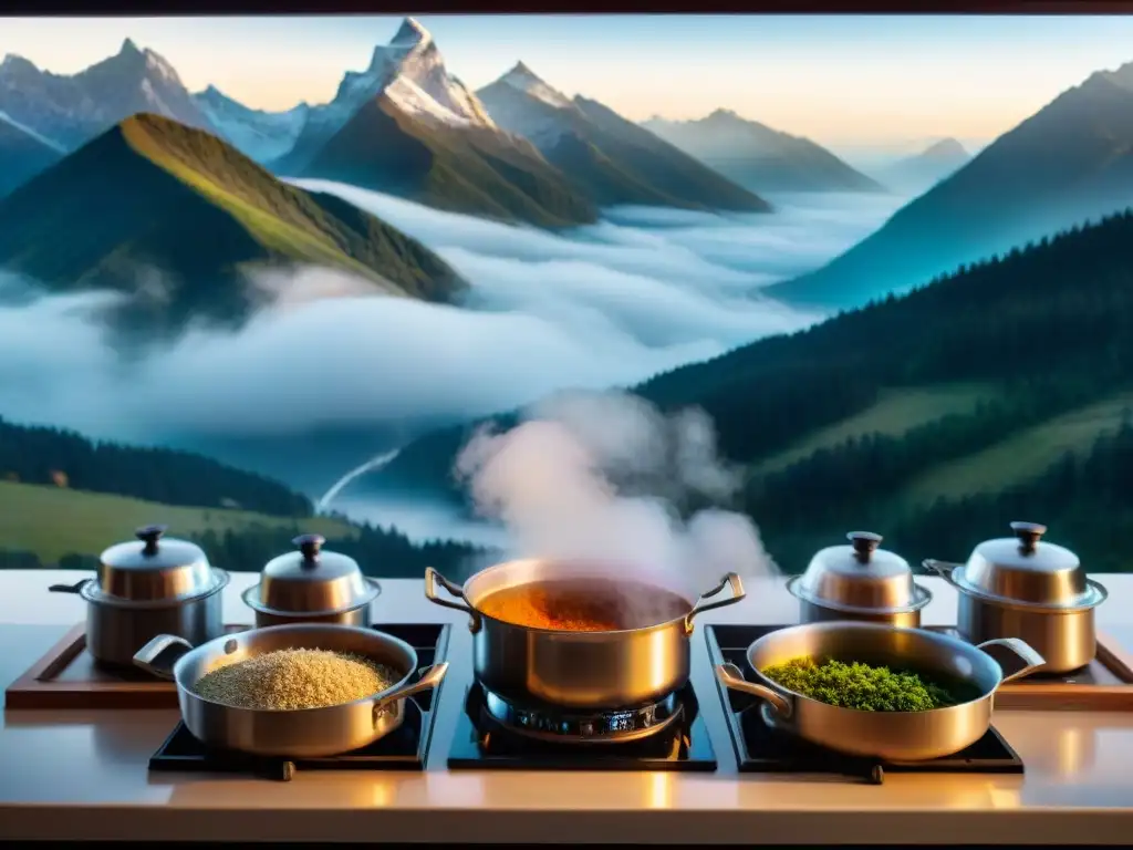 Influencia de la altitud en el sabor de los platos: Chef en alta montaña ajustando sazones con precisión, rodeado de ollas y sartenes