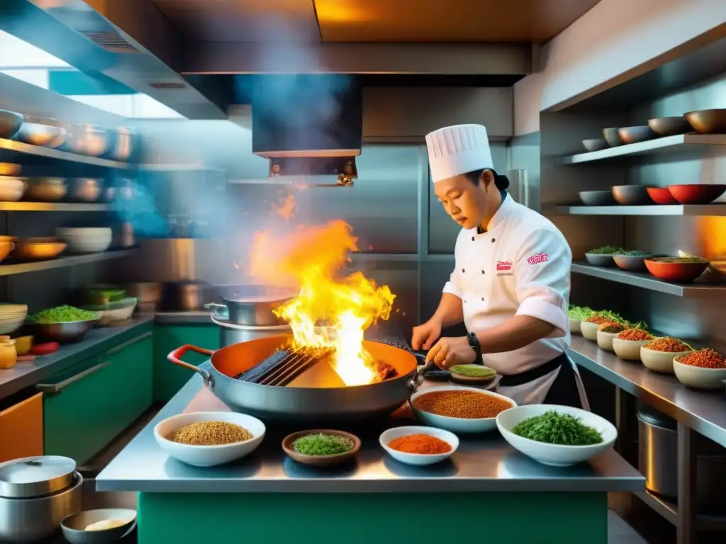 Influencia de la inmigración china en la gastronomía peruana: Chef preparando plato Chifa en restaurante tradicional