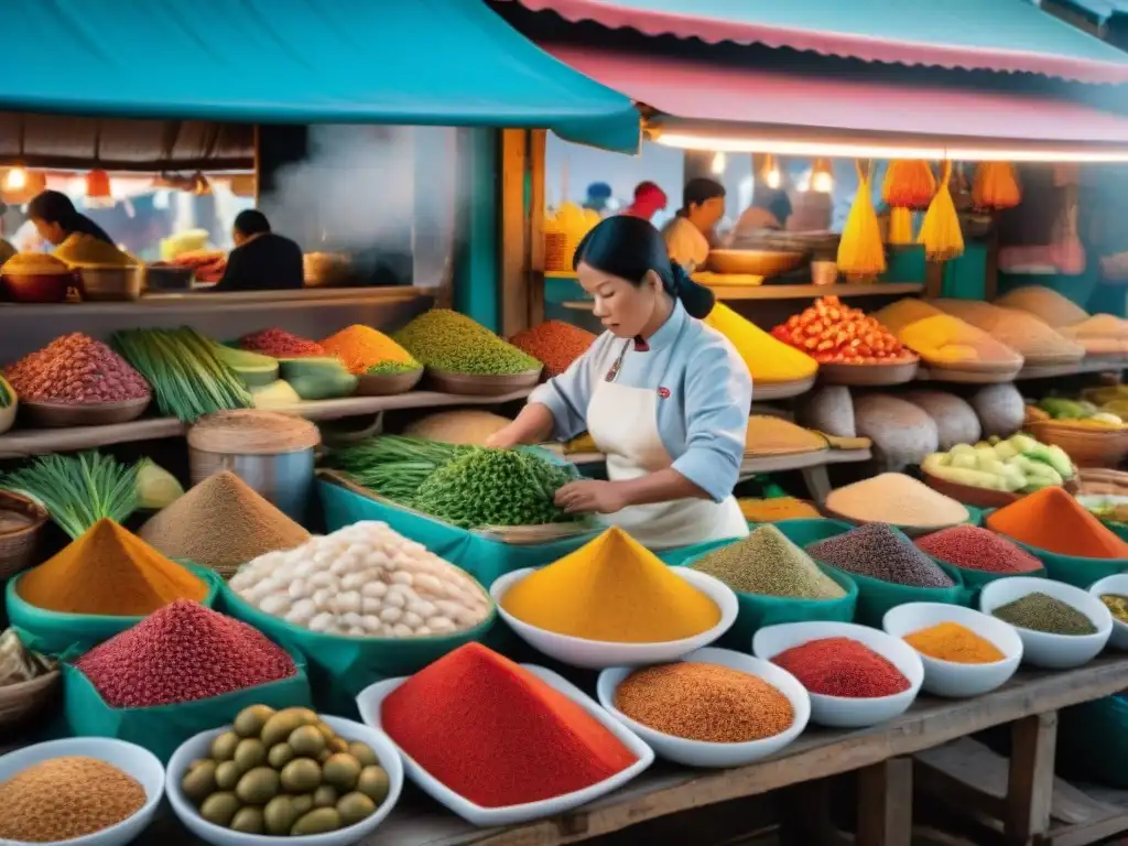 Influencia Nikkei en cocina costeña: Mercado costero peruano bullicioso con productos frescos y colores vibrantes